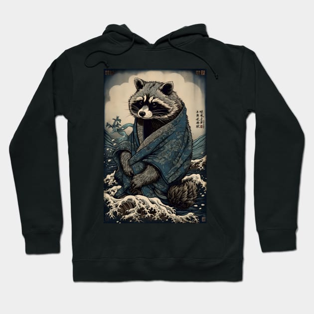 Raccoon and Waves - Traditional Japanese Ukiyoe Painting Hoodie by cocorf